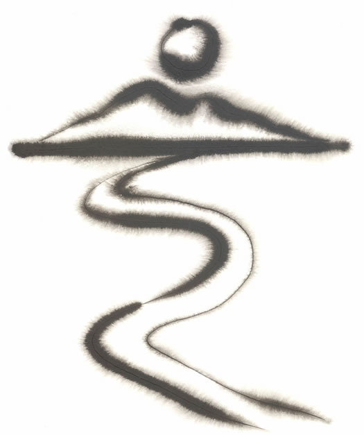 Sumi ink path to a mountain with Sun