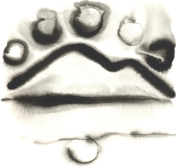 Sumi drawing of circles above a mountain